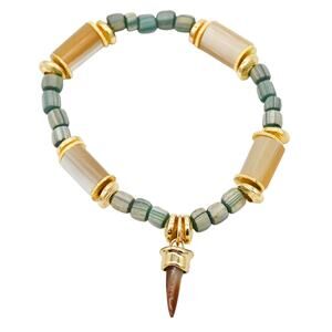Akola Fang Charm Stretchy Horn & Glass Beaded Bracelet Gold Plated